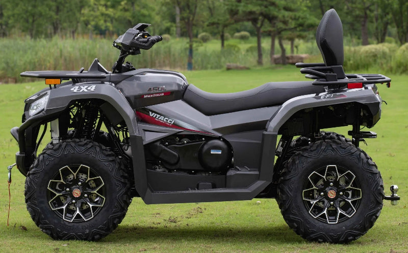 Gray Vitacci Maximus 450L 4x4 ATV with EFI, rugged tires, and rear cargo rack on grassy field