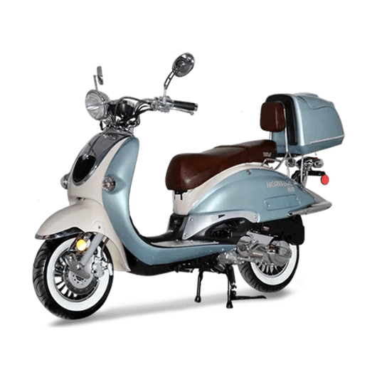 BMS Heritage 150 two-tone blue and cream scooter with chrome accents, whitewall tires, and rear storage box