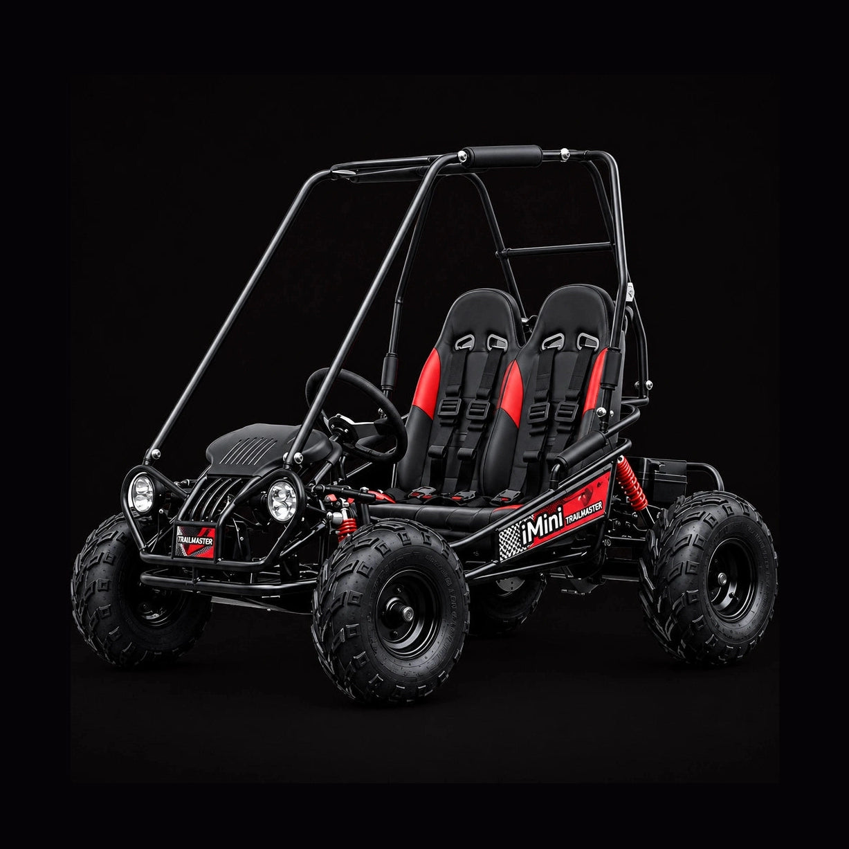 Three-quarter view of black TrailMaster iMini electric go kart with roll cage and headlights