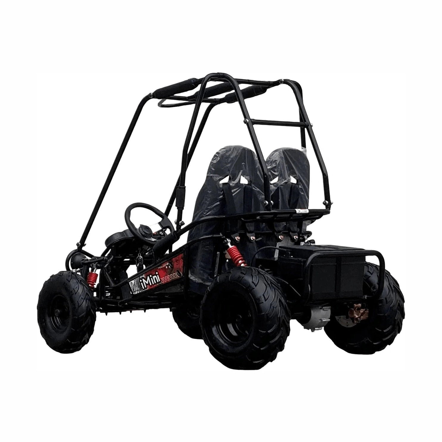 Rear view of black TrailMaster iMini go kart with protective plastic