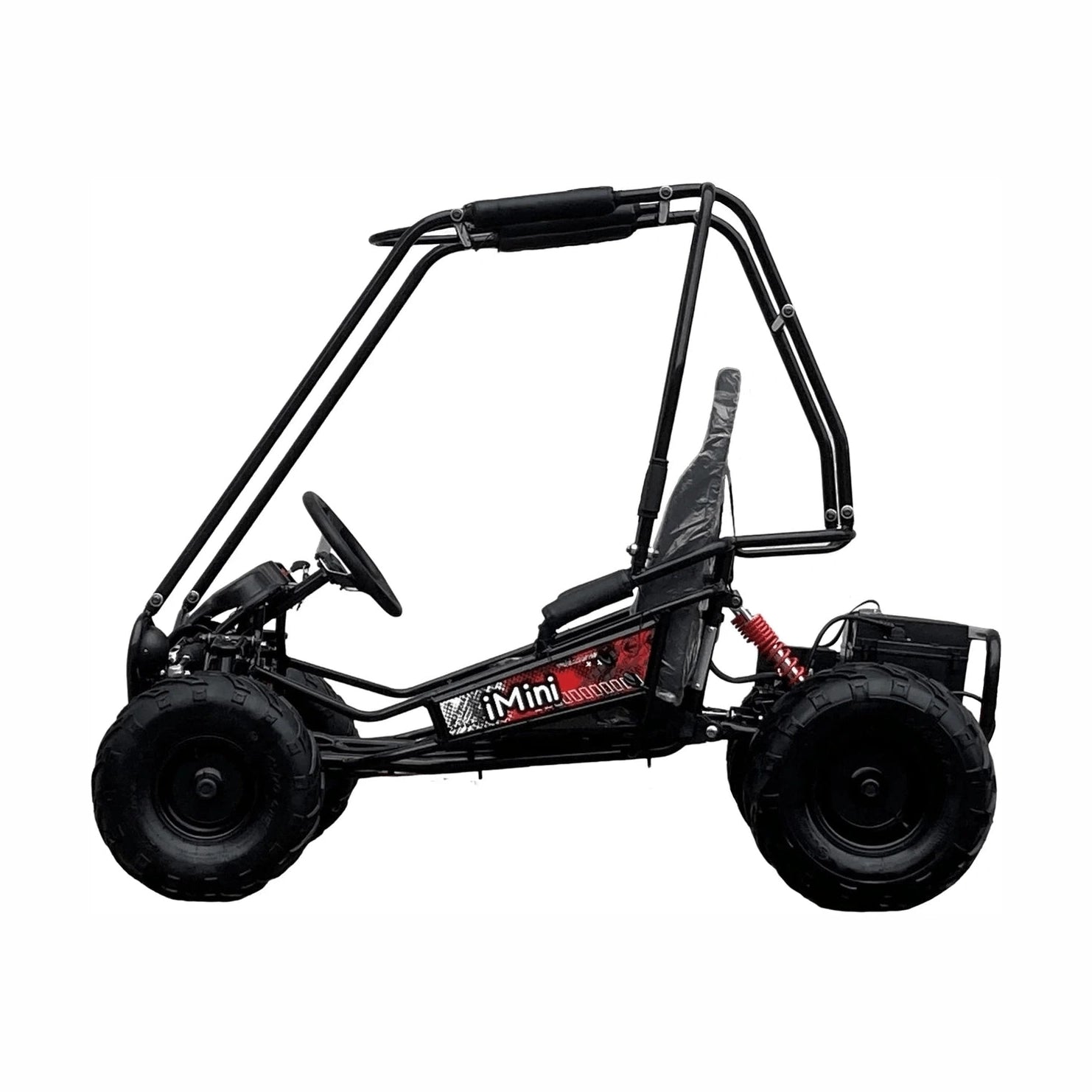 Black TrailMaster iMini electric go kart side profile with red suspension