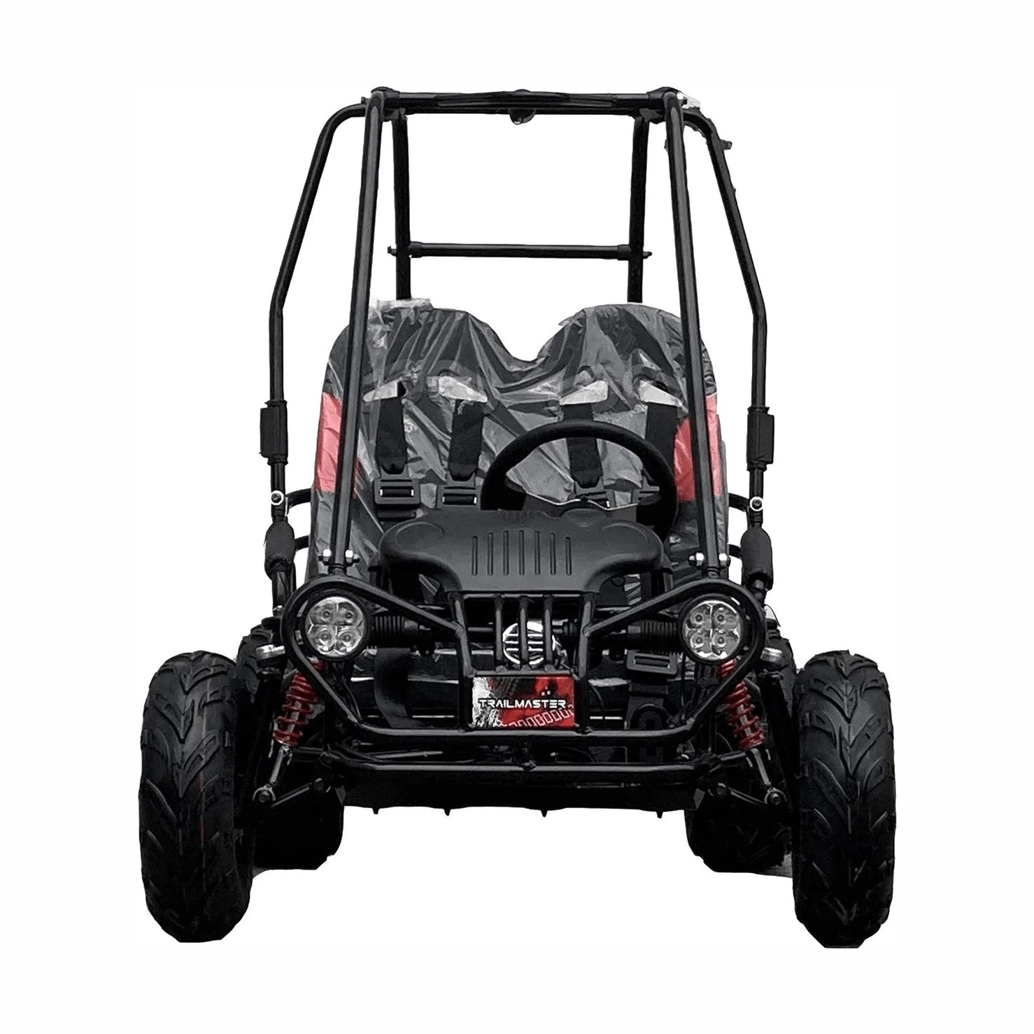 Front detail of TrailMaster iMini go kart with LED headlights