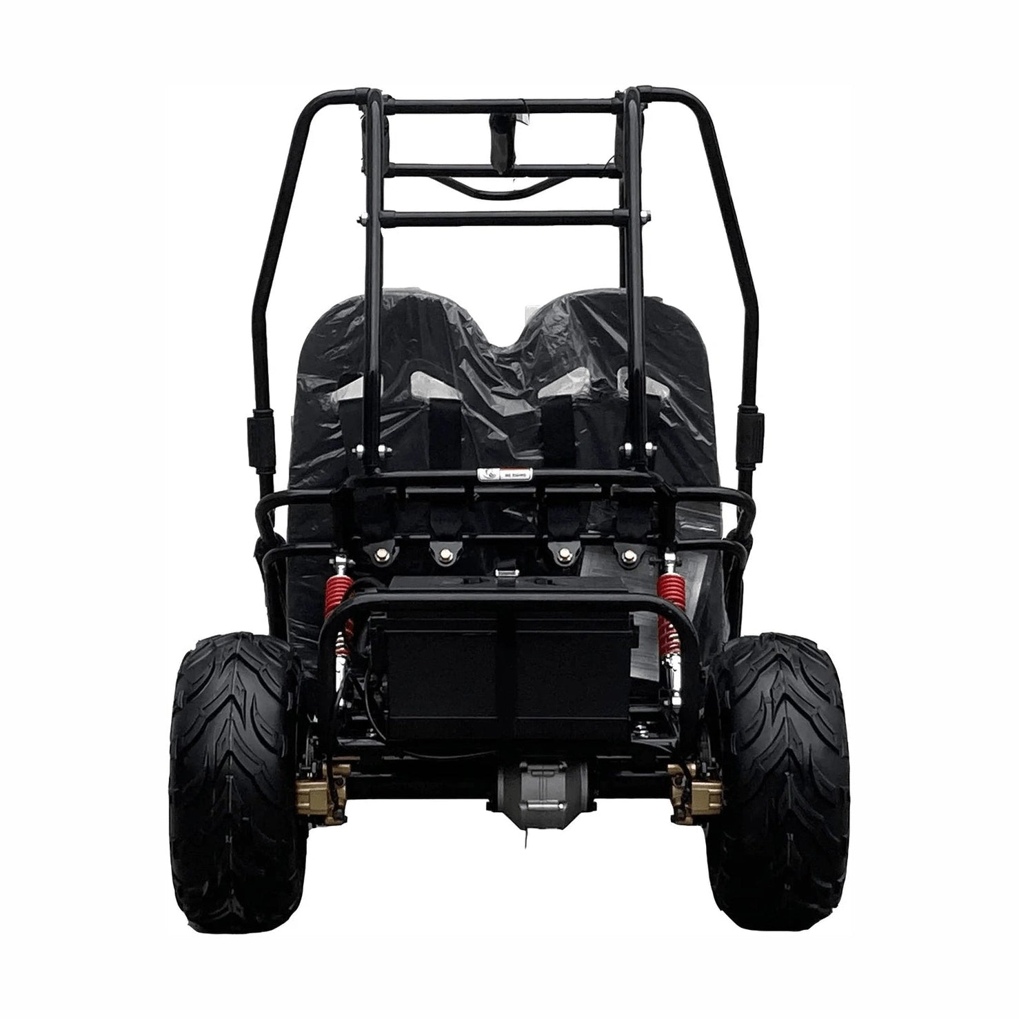Rear view of TrailMaster iMini go kart showing battery box and seats