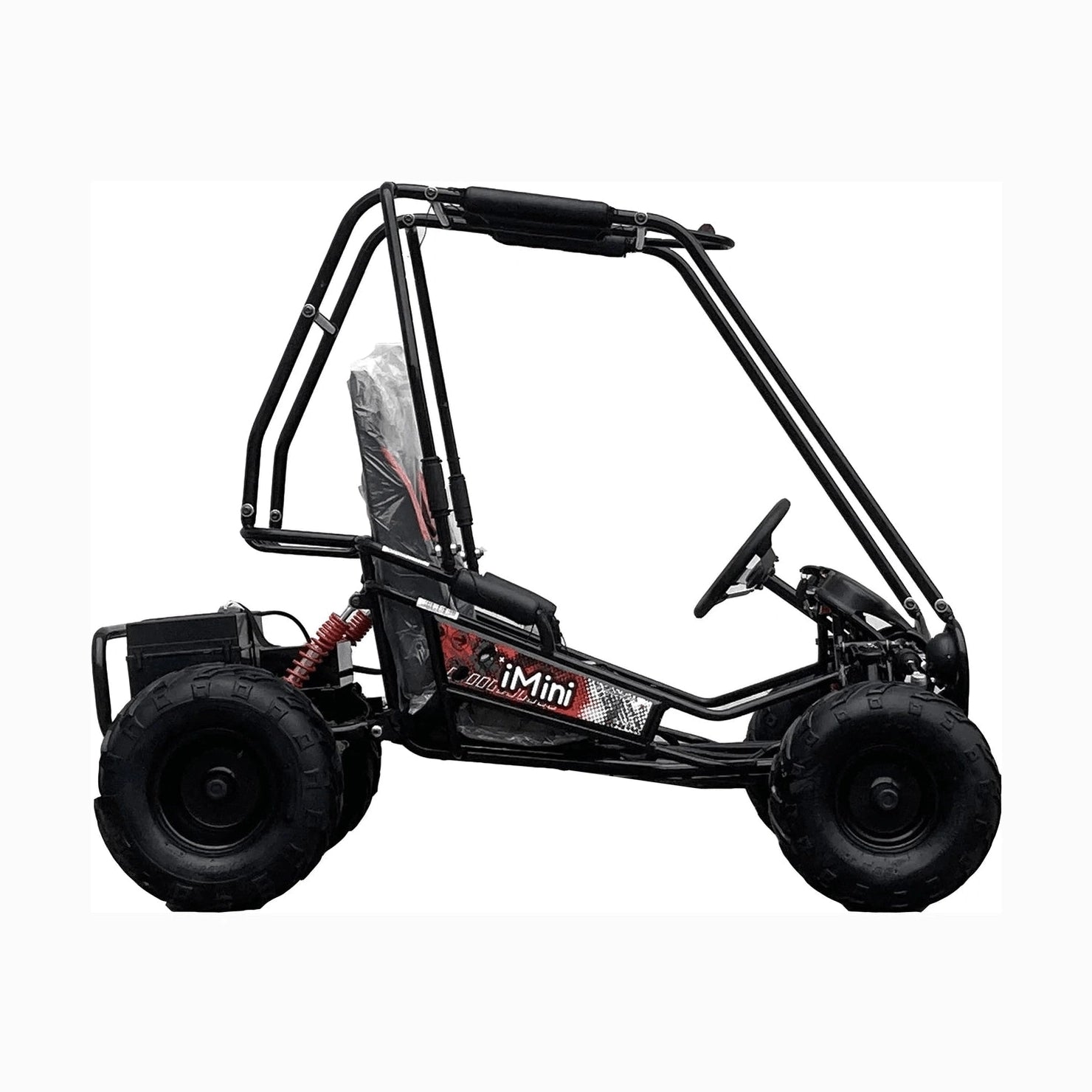 Side profile of black TrailMaster iMini go kart with roll cage