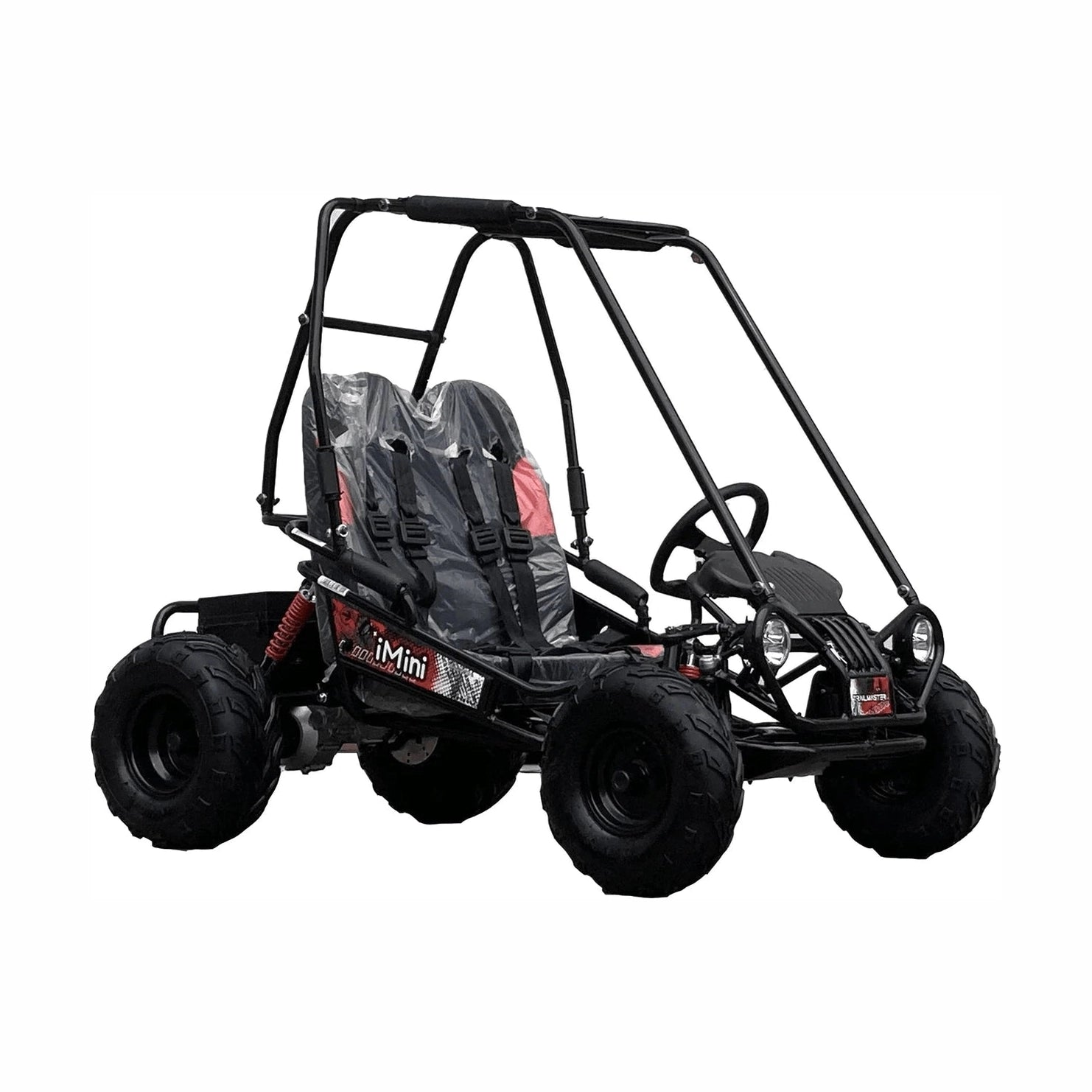 Black TrailMaster iMini electric go kart front three-quarter view