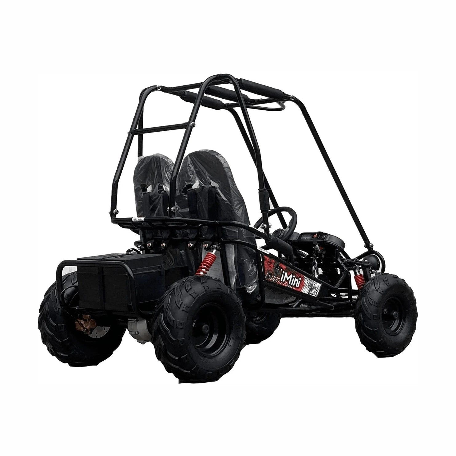 Rear three-quarter view of black TrailMaster iMini electric go kart