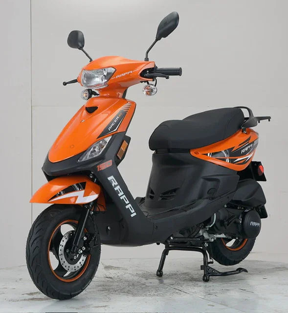 Orange and black Raffi scooter with disc brakes, ideal for urban commuting and powersports enthusiasts.