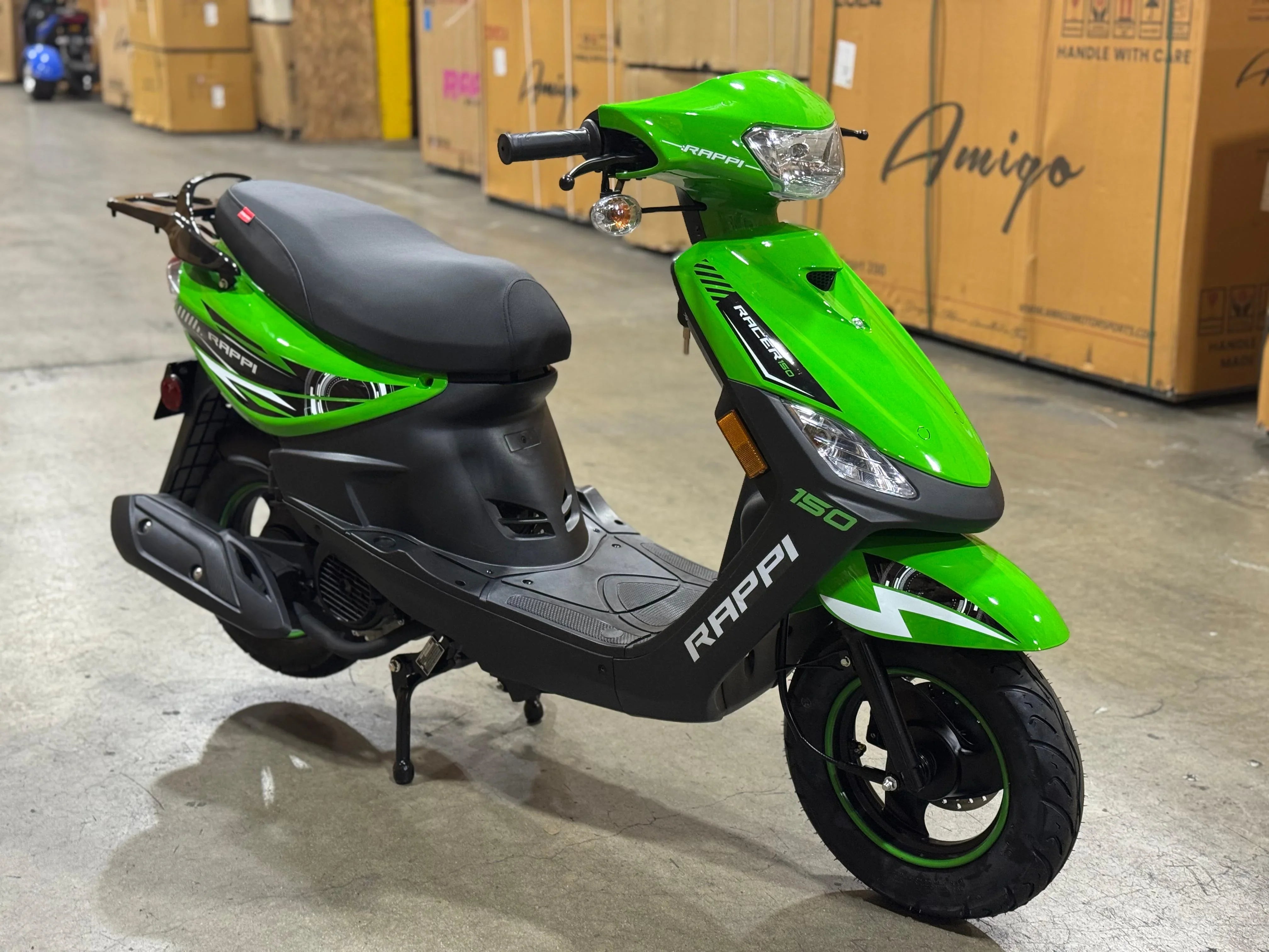 Bright green Rappi Racer 150 scooter in warehouse, ideal for urban commuting and powersports enthusiasts.