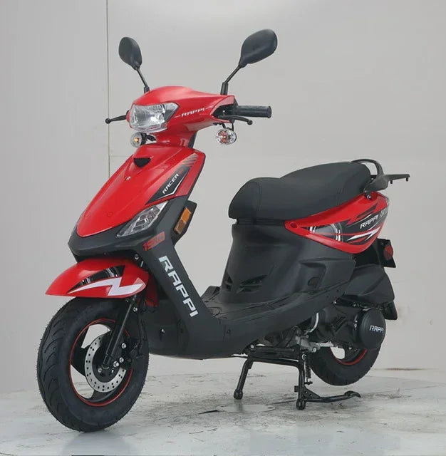 Red and black Rappi 150cc scooter with disc brakes, ideal for urban commuting and powersports enthusiasts.