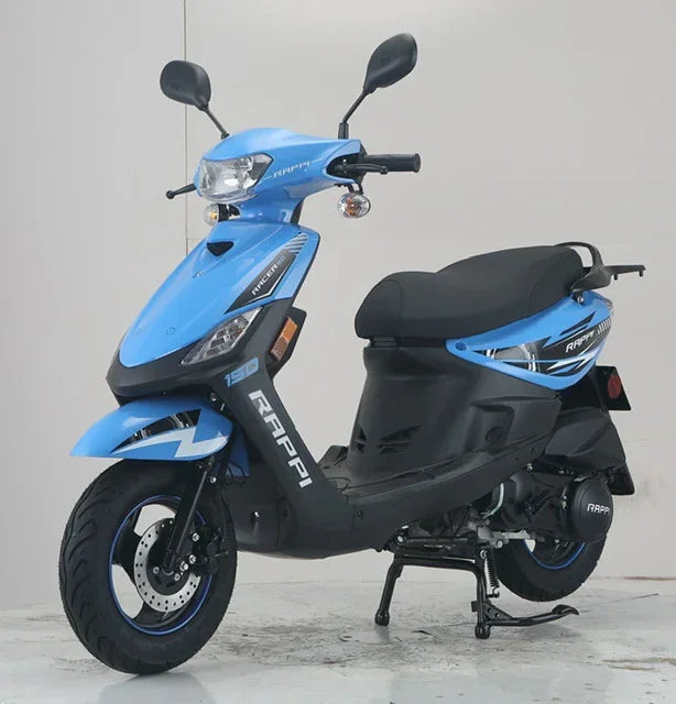 Blue and black RAPPI 150cc scooter with disc brakes, ideal for urban commuting and powersports enthusiasts.
