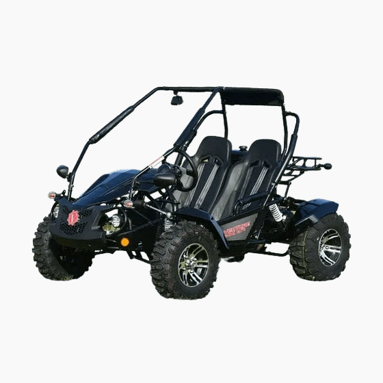 Black Venture 200 EFI go-kart with glossy finish and gray striped seats