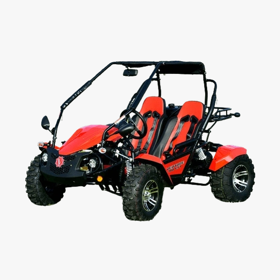 Red and black Venture 200 EFI go-kart with red stitching on seats