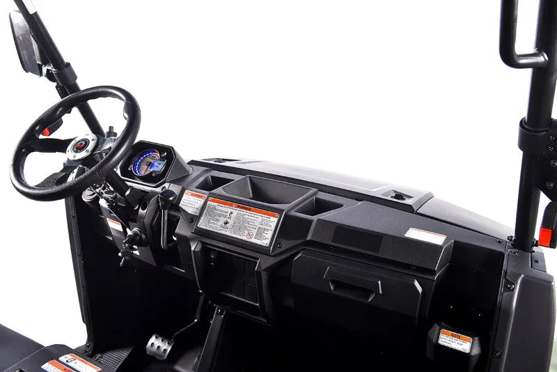 Crossfire 200 UTV interior view with steering wheel, dashboard, gear shift, and controls
