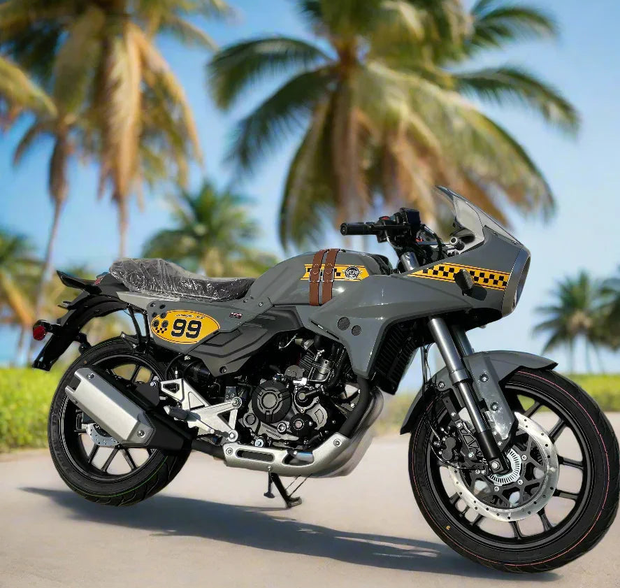 new american lifan kp master motorcycle parked on a road with palm trees in the background