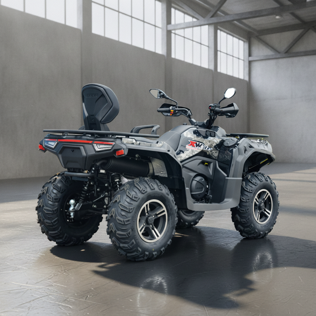 Grey Loncin XWolf 550L ATV showcasing wide stance, dual shock absorbers, and horizontal taillight bar