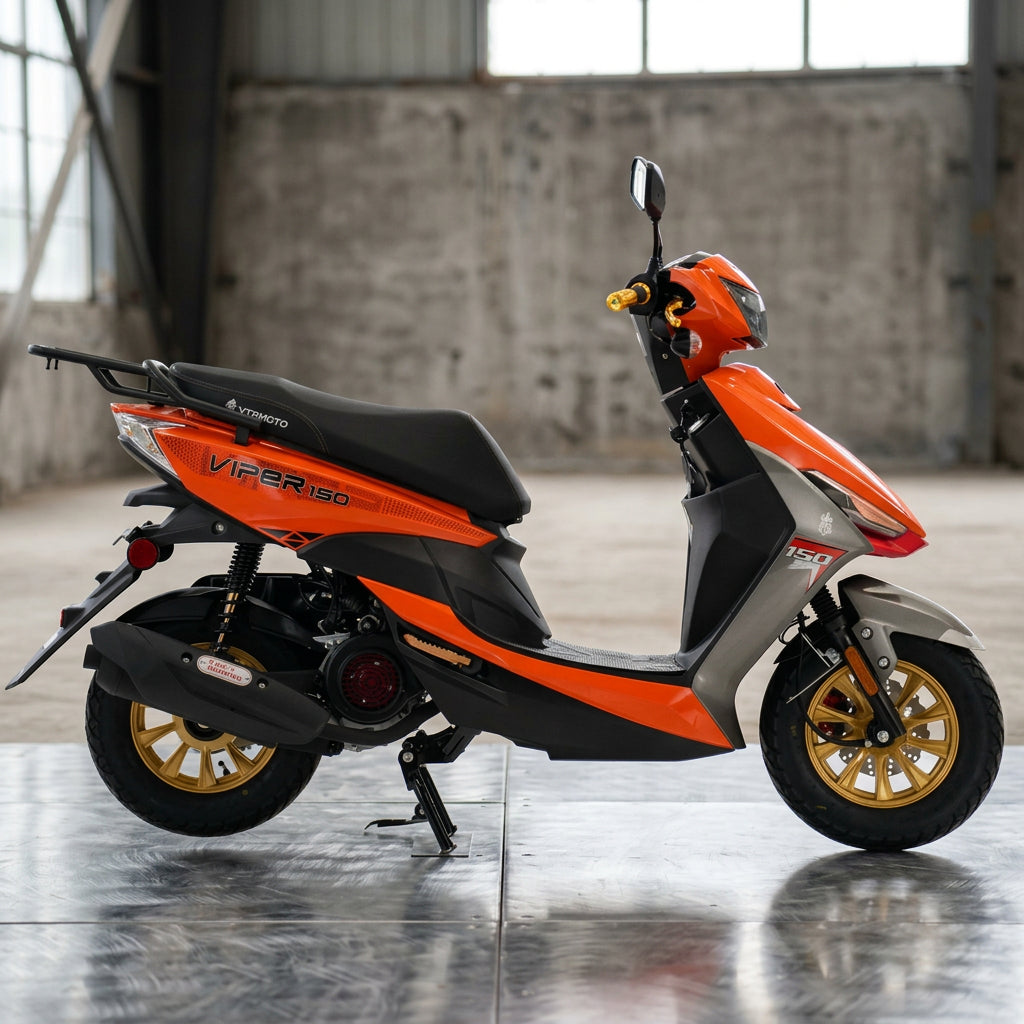 Orange Vitacci Viper 150cc scooter side profile showing engine and exhaust