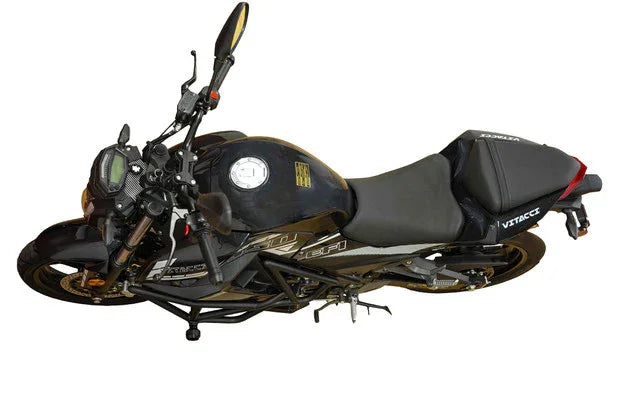 Black and gold Vitacci Matias 250cc motorcycle, upright handlebars, and adventure-ready design