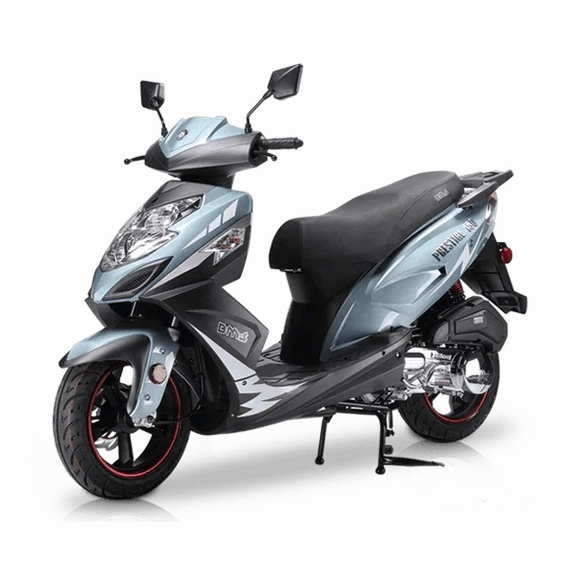 Light blue BMS Prestige 150 scooter with grey trim and red wheel highlights