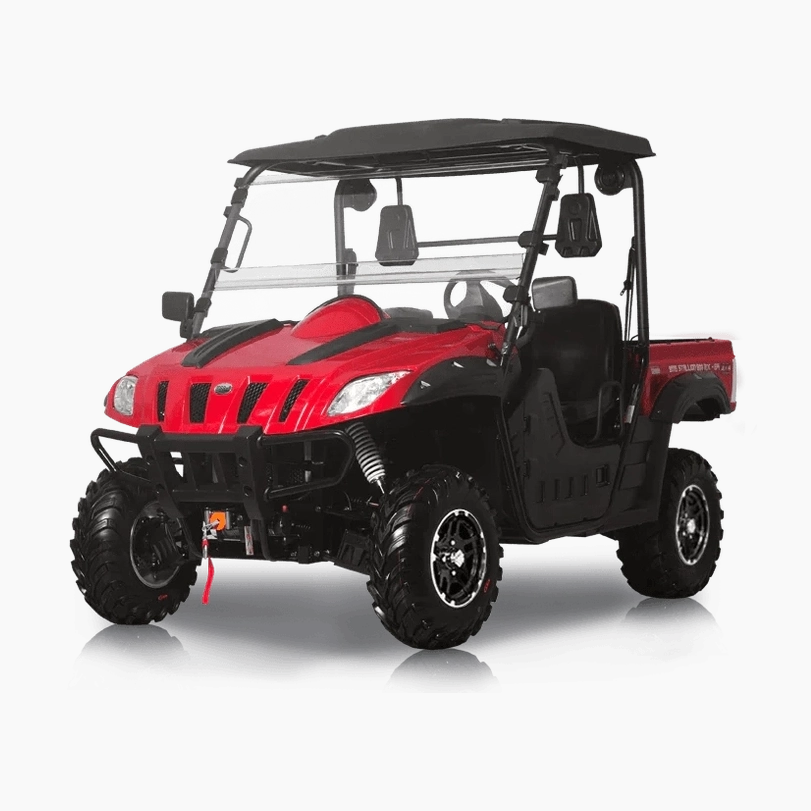Red BMS Ranch Pony 600 EFI 4x4 UTV with front winch assembly