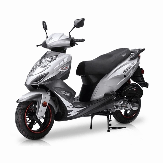 Silver BMS Prestige 150 scooter with black components and red accent rims