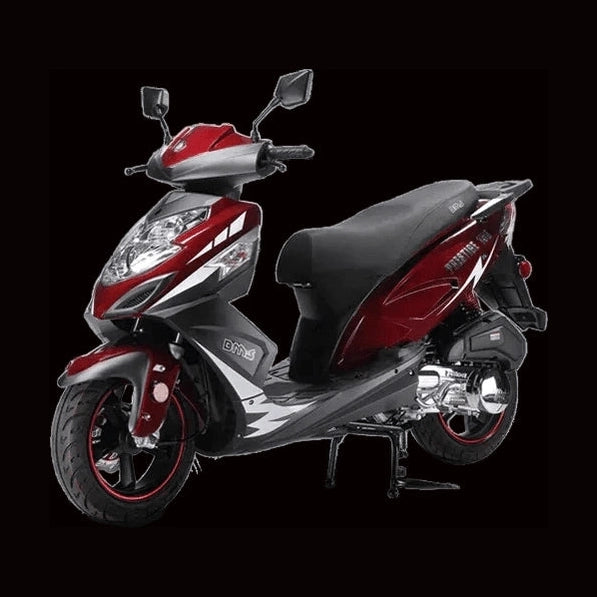 Deep red BMS Prestige 150 automatic scooter front view on black background