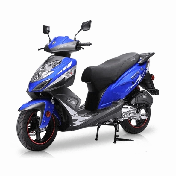 Royal blue BMS Prestige 150 scooter with black fairings and white stripes