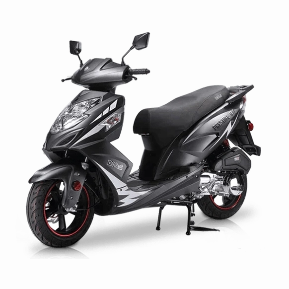 Matte black BMS Prestige 150 scooter with grey graphics and red rim details