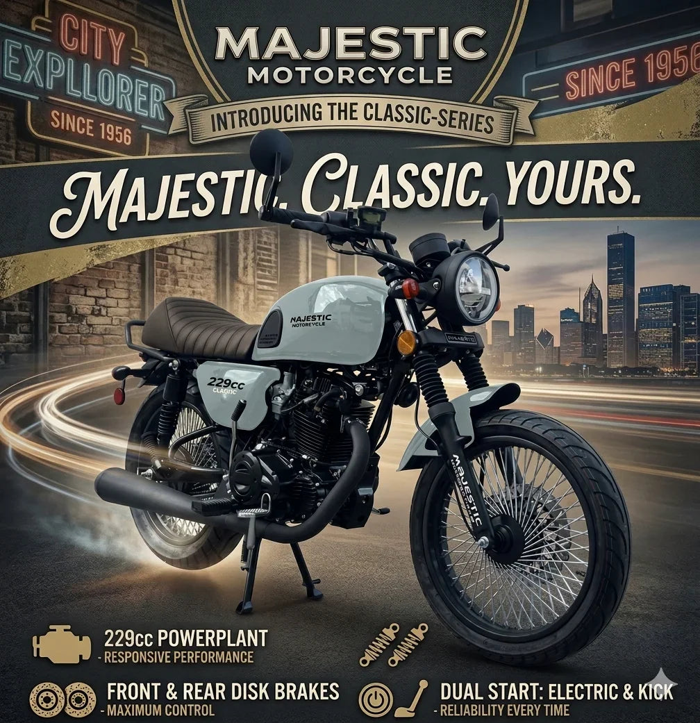 Majestic Classic 229cc Motorcycle with Dual Start and Disk Brakes for for sale at turbopowersports.com