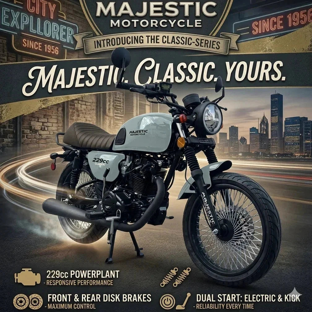 Light grey Majestic 229cc classic motorcycle with brown ribbed seat and dual electric kick start