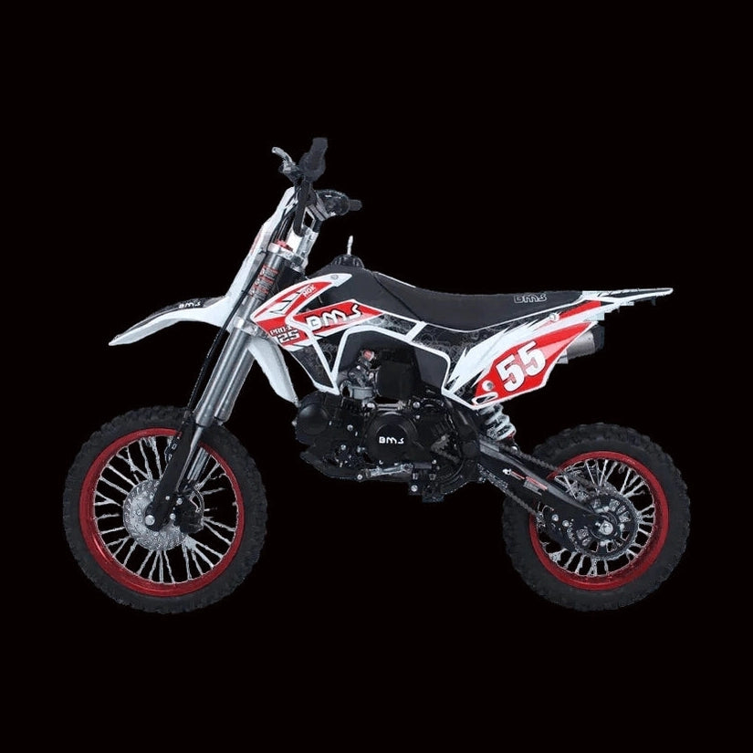 BMS Pro X 125 4-speed manual dirt bike with white and red graphics