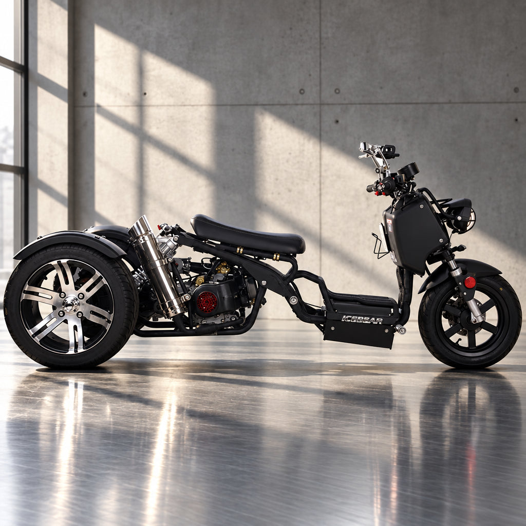 Black ICE BEAR MADDOG PST150N trike side view with matte frame and chrome exhaust