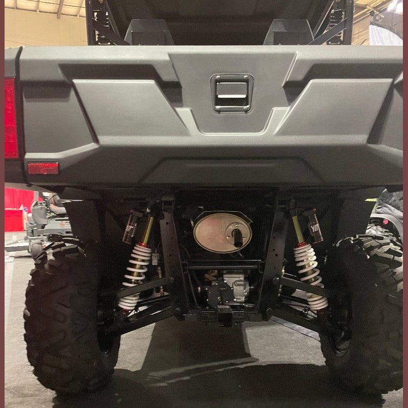 Undercarriage rear view gray Bighorn Explorer 550 UTV engine and shocks