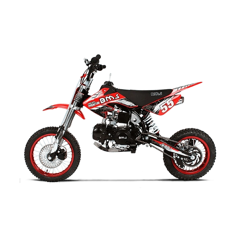 Red BMS PRO 125cc manual dirt bike with alloy rims and hydraulic disc brakes