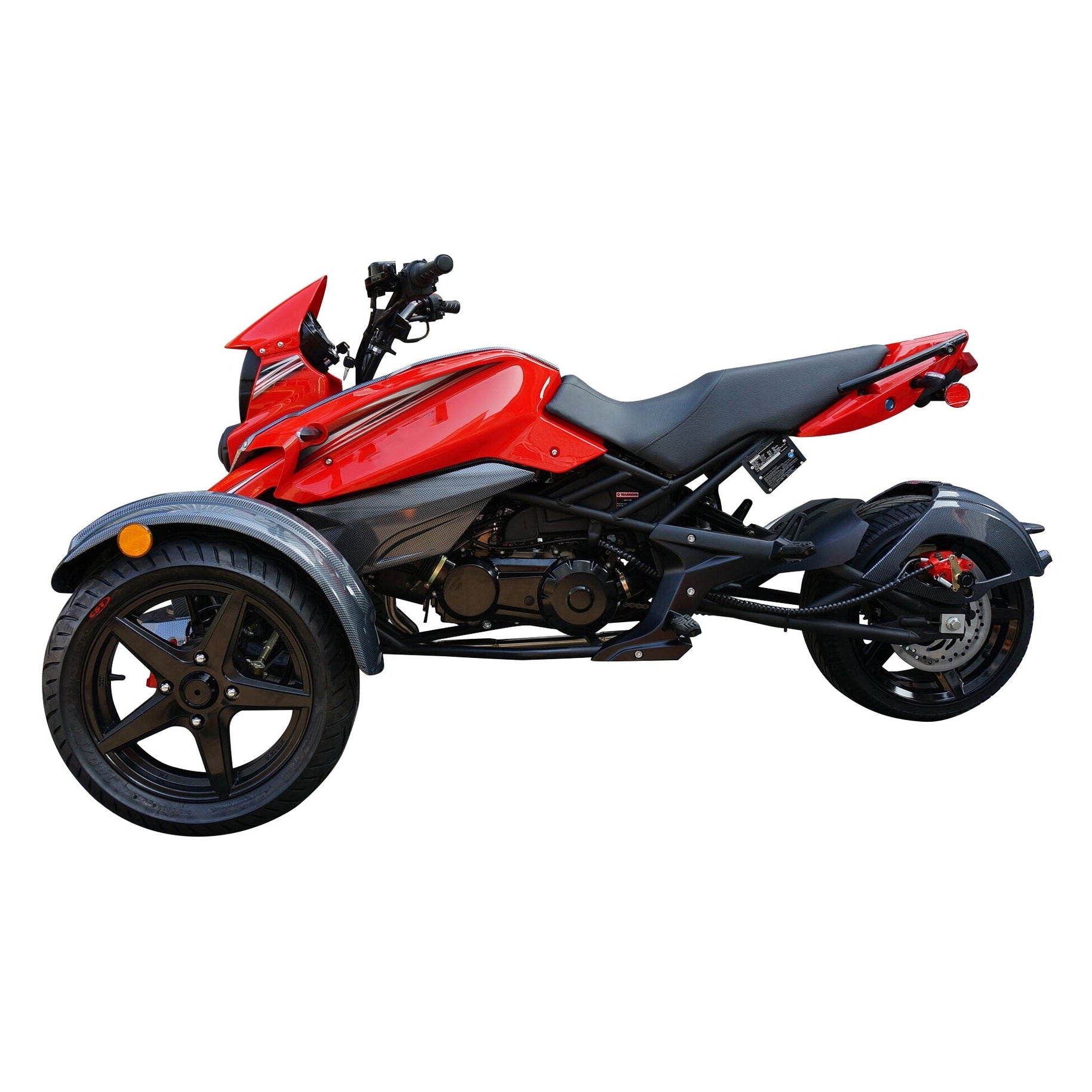 Red Cougar SX200 Super Trike side profile with carbon-fiber fenders and single rear drive