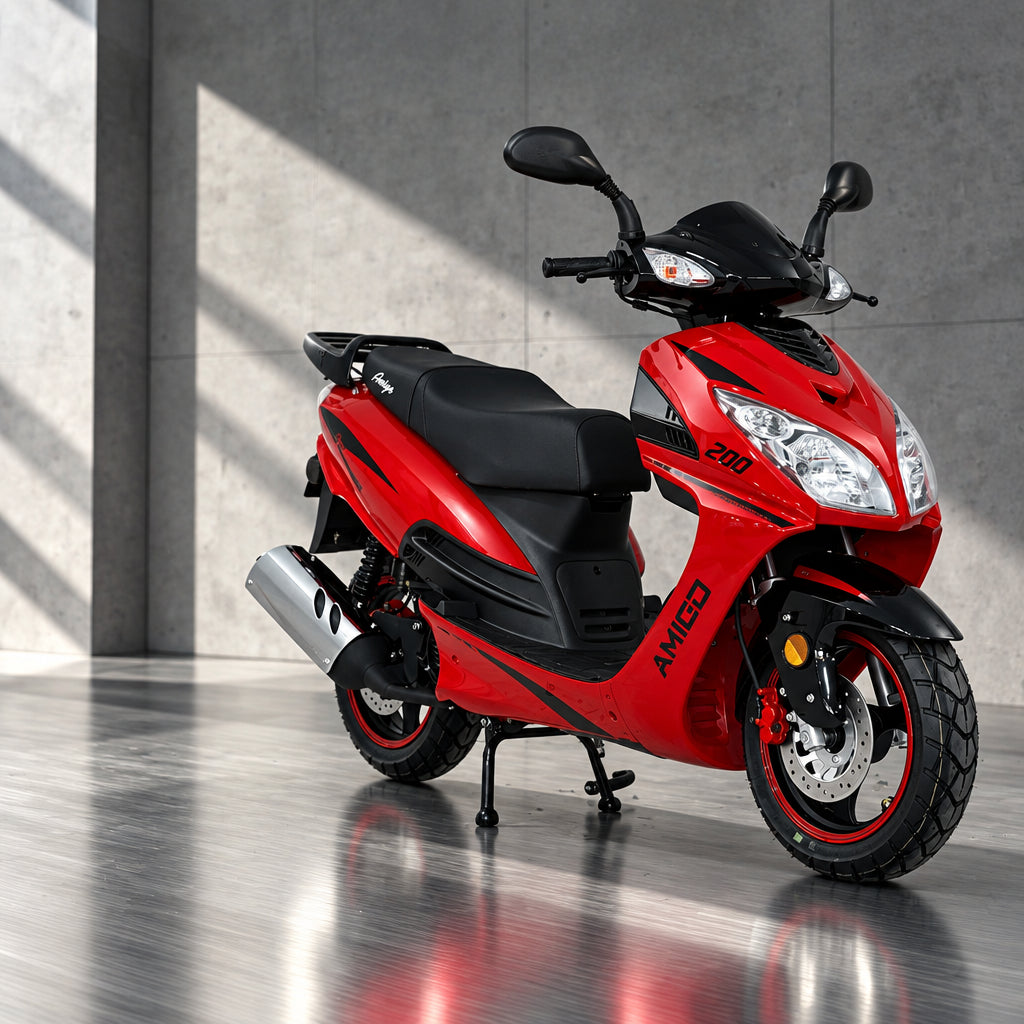 Red Amigo Phenom 200cc motor scooter side profile with disc brakes
