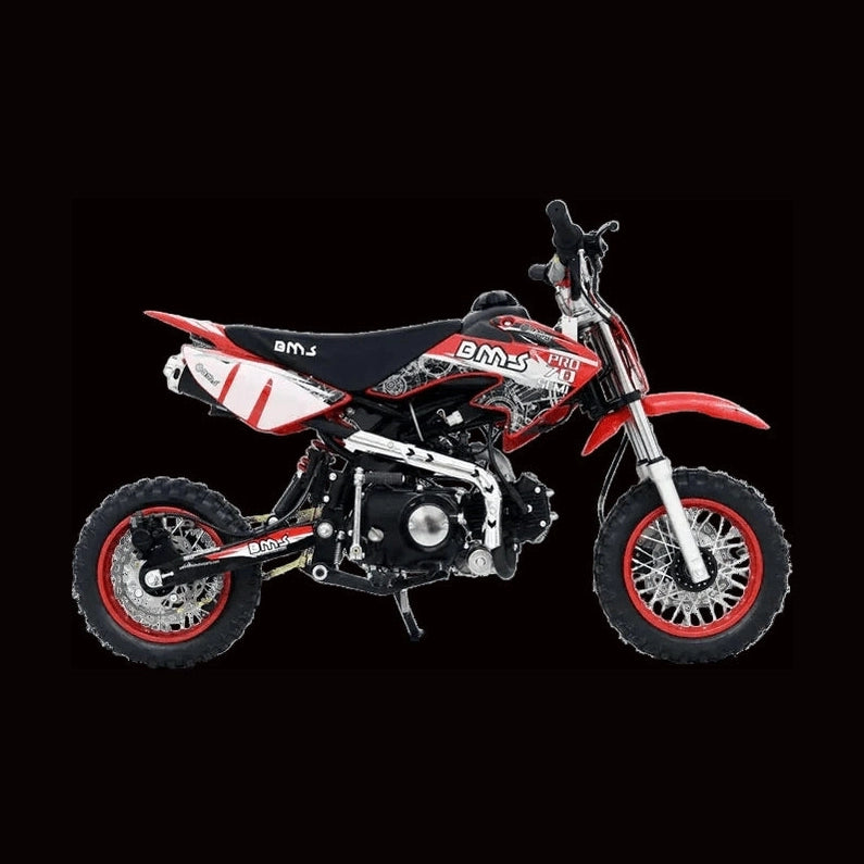Red BMS PRO 70 youth dirt bike with graphic decals and black seat