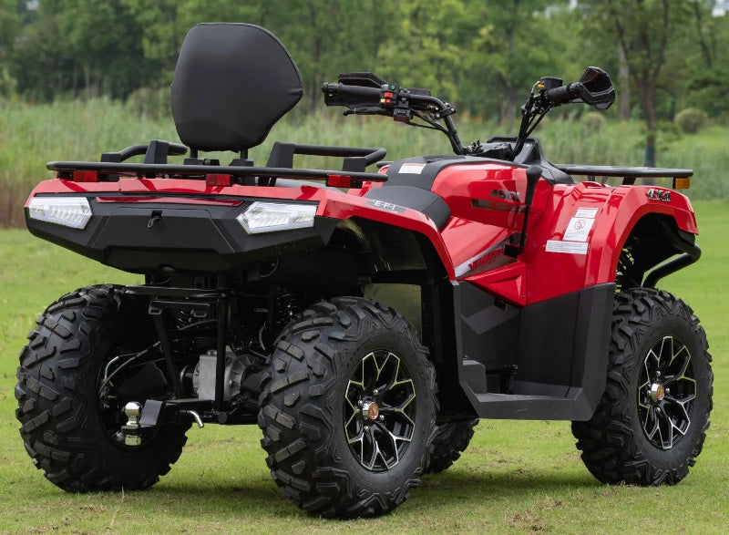 Red Vitacci MAXIMUS 450L EFI 4x4 ATV with rear cargo rack and passenger seat, parked on grass