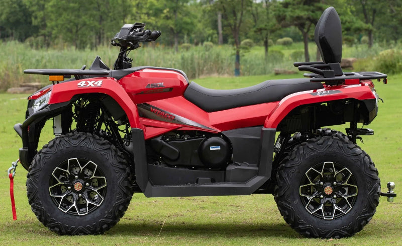 Red  Vitacci MAXIMUS 4x4 450L ATV, EFI, and rugged tires on grassy field