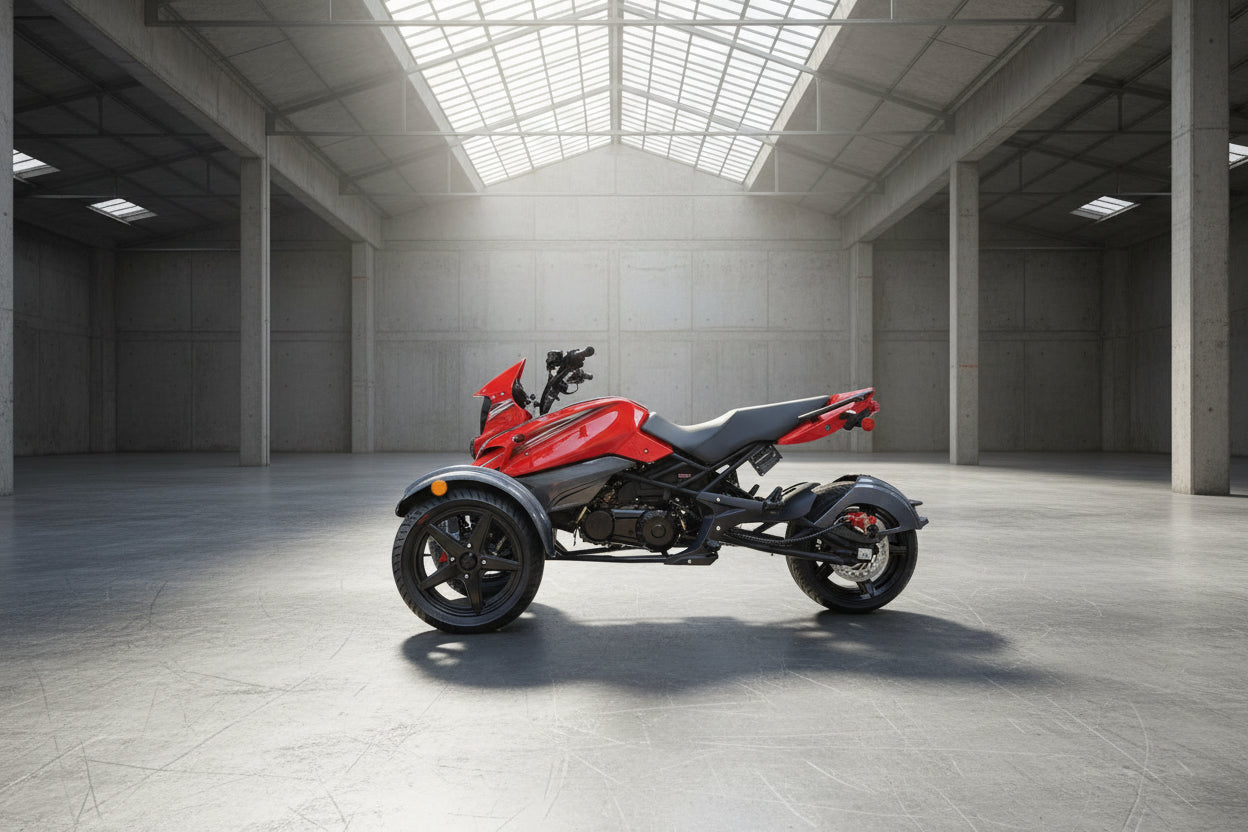 Red Cougar SX200 Super Trike side profile with carbon-fiber fenders and single rear drive