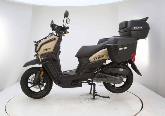 sand color TANK 200 EFI PRO DELUXE scooter with storage box on a white background