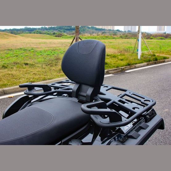Rear detail of black padded passenger backrest and tubular cargo rack on Loncin XWolf 550L ATV