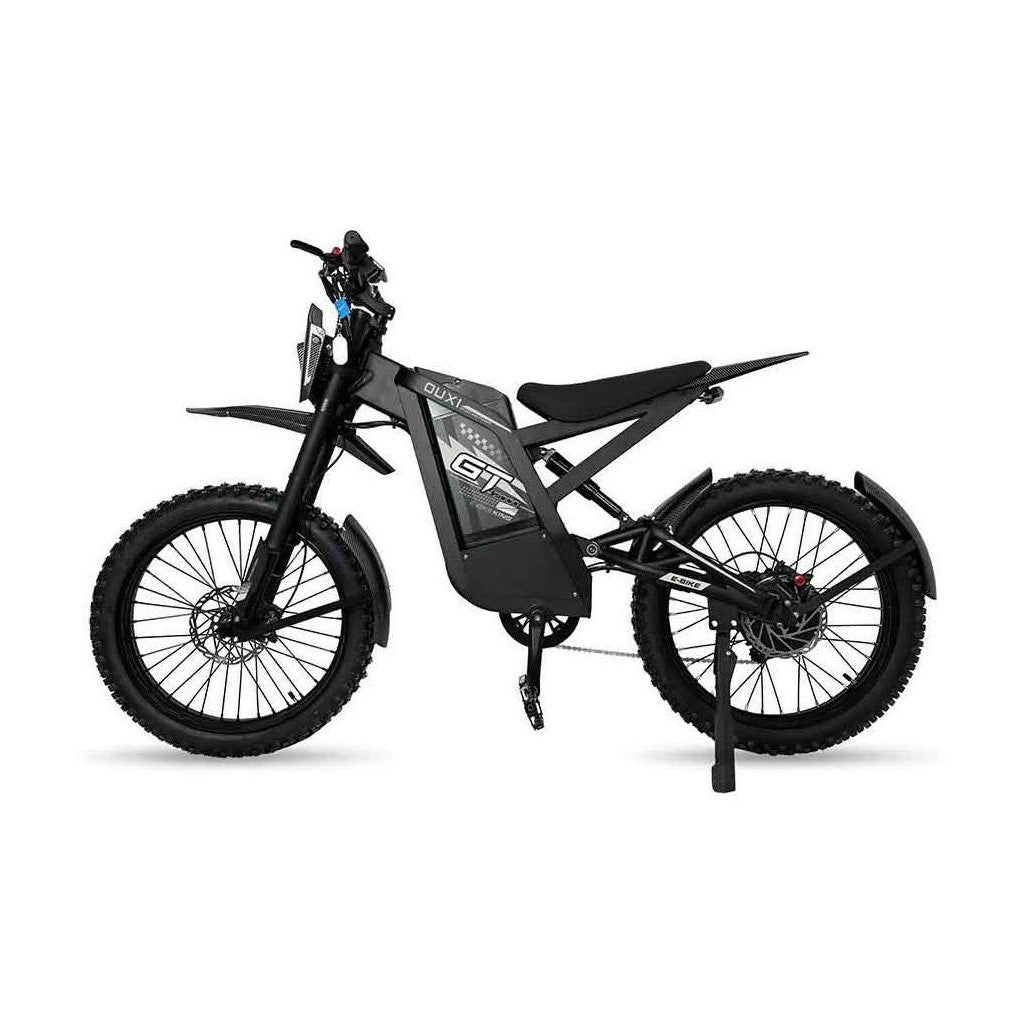 Side view of black OUXI GT e-bike on kickstand showing chain drive