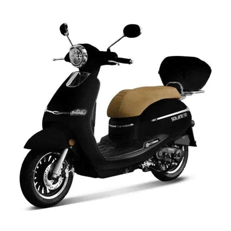 Black BMS Solano 50 gas scooter with tan seat and rear storage box