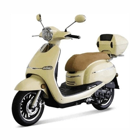Cream BMS Solano 50 49cc moped with brown seat and visible suspension