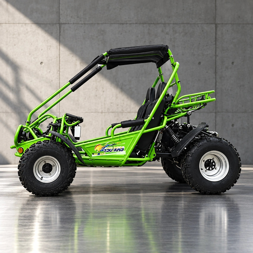 Green TrailMaster 200 XRS side profile with TrailMaster logo