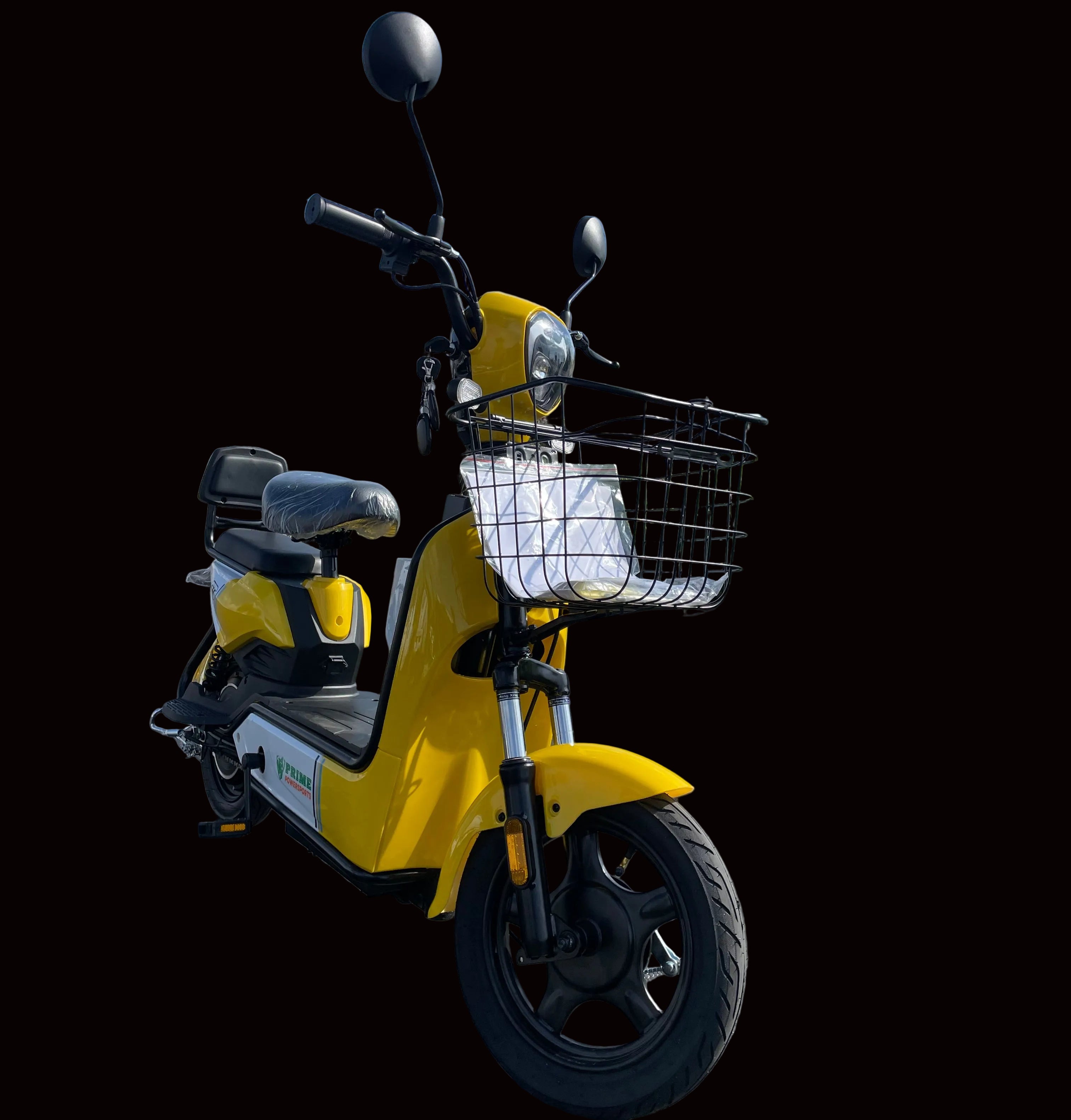 A yellow electric scooter with black accents, featuring a large front wheel, a smaller rear wheel, hand brakes, and a headlight.