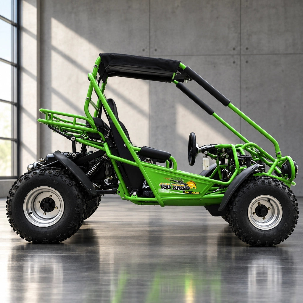 Green TrailMaster 150 XRS side profile with cargo rack
