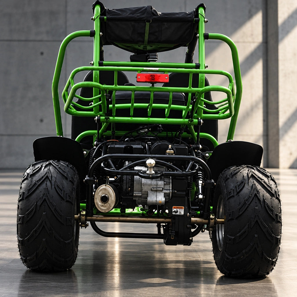 Green TrailMaster 200 XRS rear view with cargo rack and engine