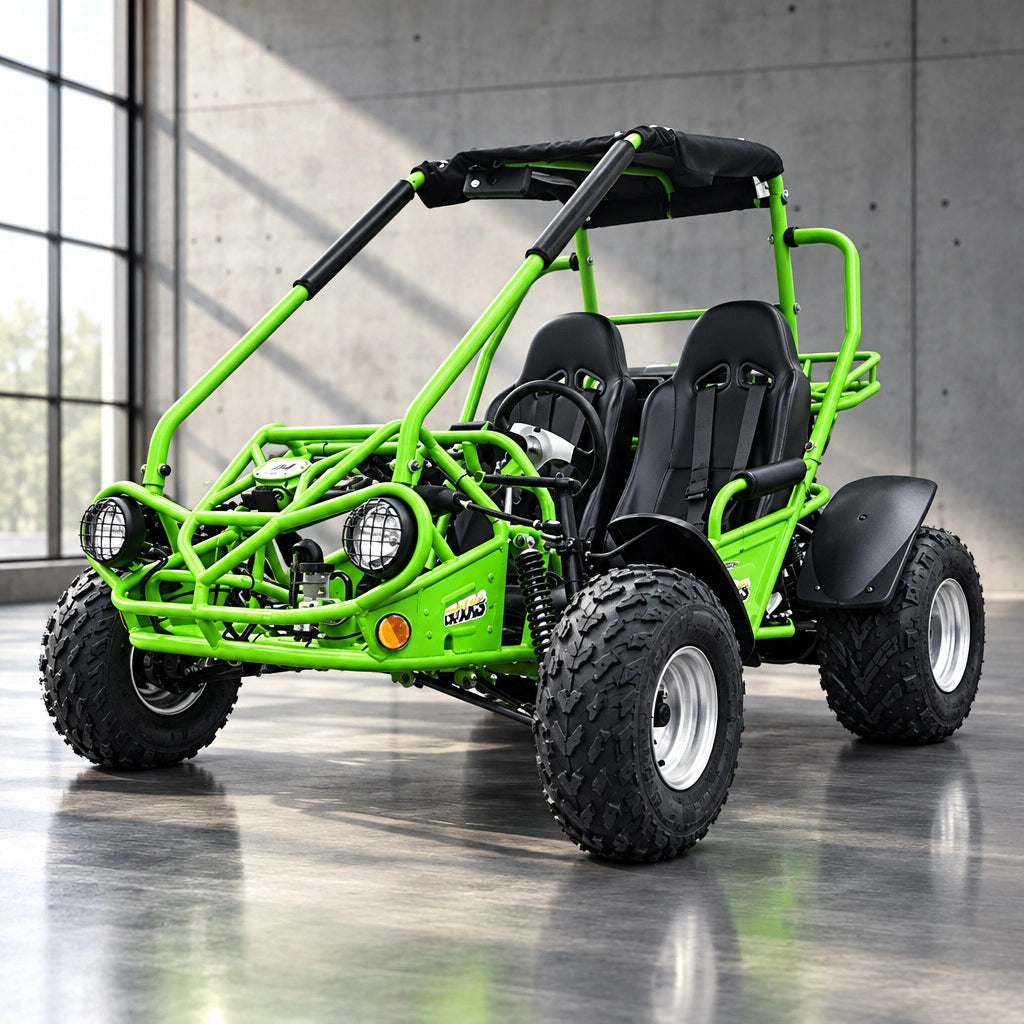 Green TrailMaster 150 XRS front view with steering wheel
