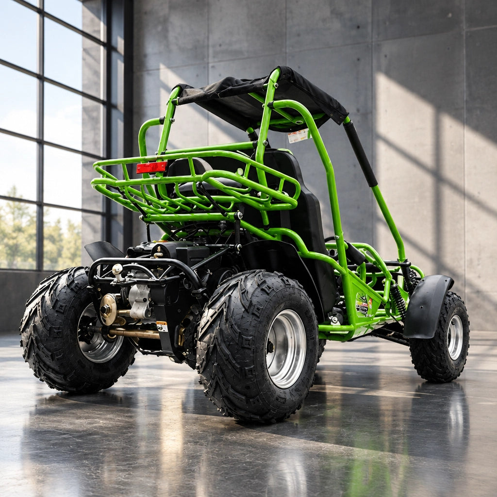 Green TrailMaster 200 XRS rear three-quarter view of engine